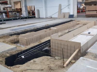 Fundering productiemachine, project Novitan, kortrijk, werf, glk, wapening, rioleringswerken